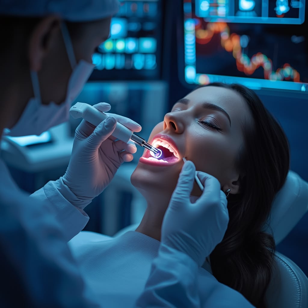 Laser dentistry treatment being performed at Gold's Dental Clinic in Kalapatti, Coimbatore
